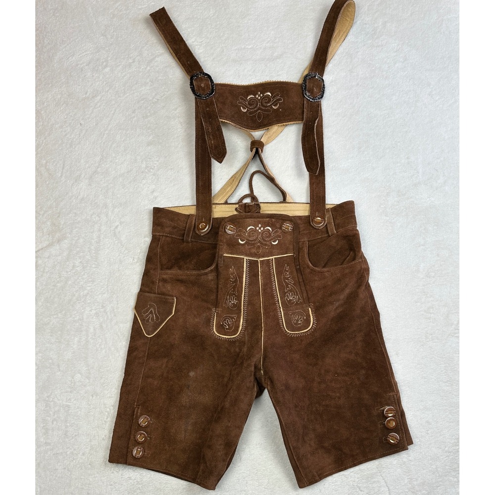 Real Leather Brown Lederhosen Embroidered Oktoberfest Trachten Shorts  46